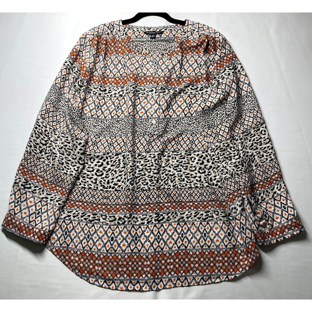 Zac & Rachel Woman Blouse 3X Orange Black Leopard Geometric Print Roll Tab